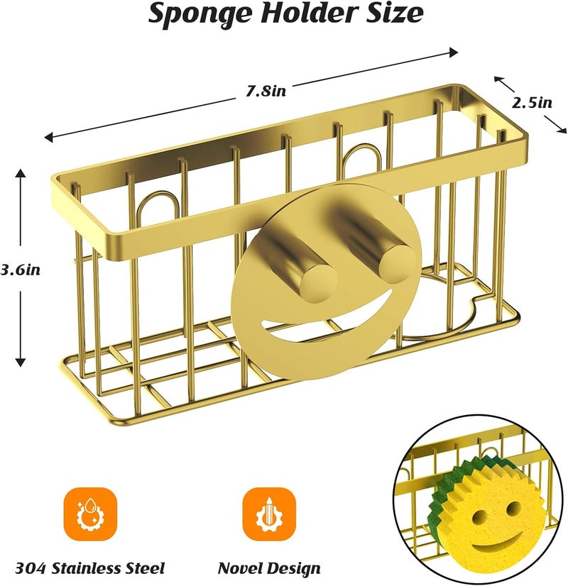 MURLONG Sponge Holder Smiley Face, Sink Caddy for kitchen Sink, Kitchen Organizer Sponge Holder with 2 PCS Suction Cups/1 PCS Adhesive Strips, Designed for Sponge, Soap, Dish brush, Scrubber-Gold - Image 2